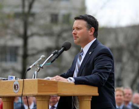 Rep. Jacob Hummel, D-St. Louis, speaks to union members at a rally March 30, 2016. (Travis Zimpfer/ Missouri Times)