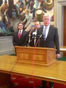 Left to right, House Speaker Tim Jones, Stoddard County Prosecuting Attorney Russ Oliver and Lieutenant Governor Peter Kinder speak to members of the media and elected officials during a press conference Monday afternoon in the House Lounge.