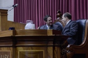 Left to right, House Speaker Tim Jones, R-Eureka, taks with St. Louis Mayor Francis Slay at the head of the chamber during session last Wednesday. (Submitted photo)