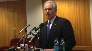 Gov. Jay Nixon speaks to a group of reporters Wednesday afternoon after talking to the Majority Caucus about his hopes for the State regarding Medicaid expansion. (Photo: Ashley Jost)