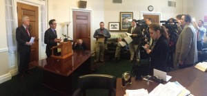 Reporters gather around Sen. Kurt Schaefer's office Tuesday afternoon for a press conference with Schaefer and Lt. Gov. Peter Kinder. (Photo by Eli Yokley)