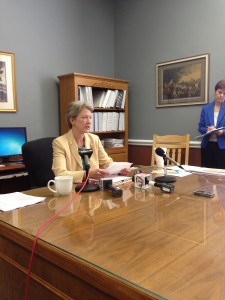 Linda Luebbering, Nixon's Budget Director, spoke to reporters Friday after Nixon to further emphasis the impacts of the cuts and what the administration will do if the HB 253 veto is overridden. (photo by Collin Reischman)