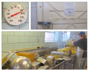 Temperatures reach and stay constistently at about 90 degrees in the main dishwashing areas, which are pictured at the bottom. Additionally, the gymnasium door — located above the kitchen — which cannot be accessed because of asbestos that is too expensive to remove and elevators that cannot be fixed because the equipment is far too outdated. (Photos by Collin Reischman)