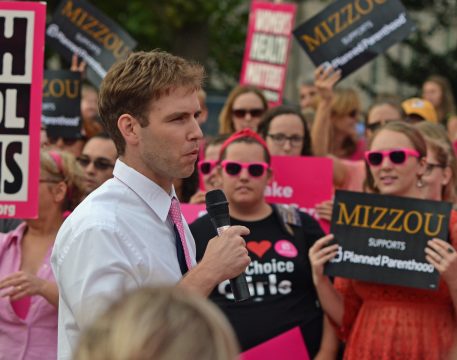 Rep. Stephen Webber, D-Columbia, speaks at the Mizzou PinkOut Rally Sept. 29, 2015