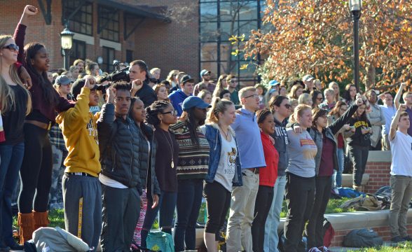 University of Missouri students stand together at Traditions Plaza. (Travis ZImpfer/The Missouri Times)