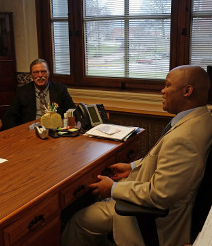Rep. Shamed Dogan (right) meets with Jeff Mizanskey, a man released from prison last year after his life sentence was commuted by Gov. Jay Nixon. (Travis Zimpfer/The Missouri Times)