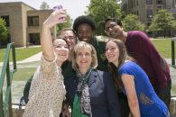 Chancellor Cheryl B. Schrader with students on the campus for her scholarship  on Tuesday May 12, 2015.          (Sam O'Keefe/Missouri S&T)