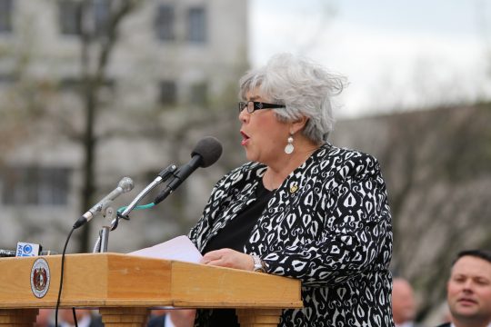 State Sen. Gina Walsh, D-St. Louis, speaks at a union rally in front of the Capitol March 30, 2016. (Travis Zimpfer/Missouri Times)