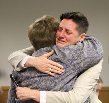 Sarah Rossi (right) of the ACLU of Missouri embraces the executive director of Empower Missouri, former Rep. Jeanette Mott Oxford after SJR 39 failed. Both are staunch and vocal opponents of the measure. 