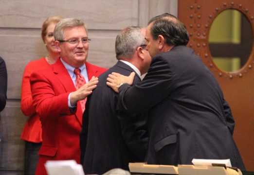 Sen. Joe Keaveny (middle) receives a warm reception from Sen. David Pearce (Left) and Majority Floor Leader Mike Kehoe after leaving the dias. (Travis Zimpfer/The Missouri Times)