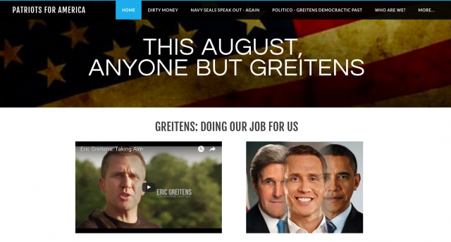 The Patriots for America site prominently features a picture of Greitens between current Secretary of State John Kerry and President Barack Obama.