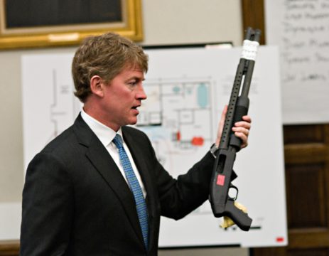 Attorney General Chris Koster demonstrates murder weapon, State v. Joseph S. Jones, Jackson County Circuit Court, October 2010