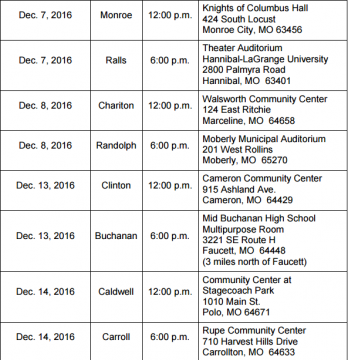 Here are the dates for the public hearings in the eight counties affected by the Grain Belt Express Clean Line wind energy project.(Missouri Public Service Commission) 