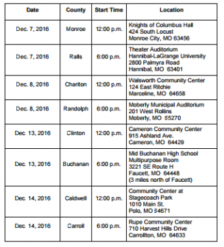 Here are the dates for the public hearings in the eight counties affected by the Grain Belt Express Clean Line wind energy project.(Missouri Public Service Commission)
