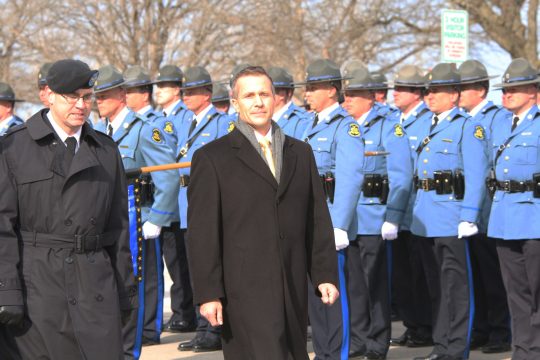 Gov. Eric Greitens performs his review of Missouri's National Guard and State Highway Patrol on the day of his inauguration. (Travis Zimpfer/ THE MISSOURI TIMES)