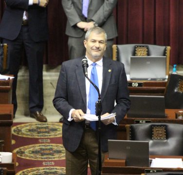 Rep. Kirk Mathews presents his Uber bill on the House floor Jan. 26, 2017.