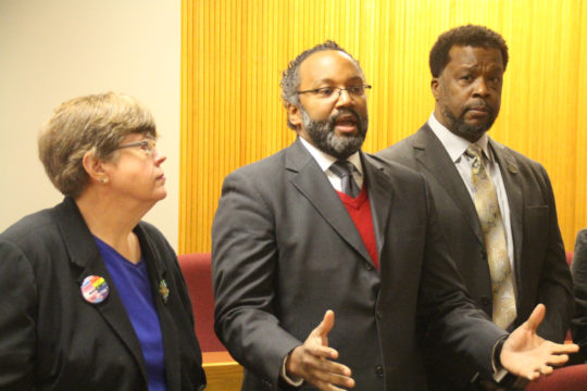 Missouri NAACP President Rod Chapel (center) speaks regarding Rep. Bill Lant's attempt to silence his testimony on a discrimination bill Feb. 14, 2017. (Travis Zimpfer/THE MISSOURI TIMES)