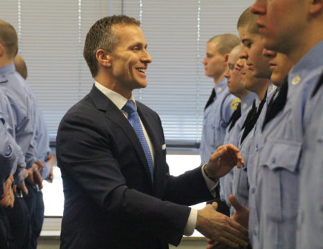 Gov. Eric Greitens shakes hands with recruits of the Missouri State Highway Patrol Feb. 1, 2017.
