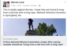 Love calls for Confederate vandals to be ‘found and hung from a tall tree’