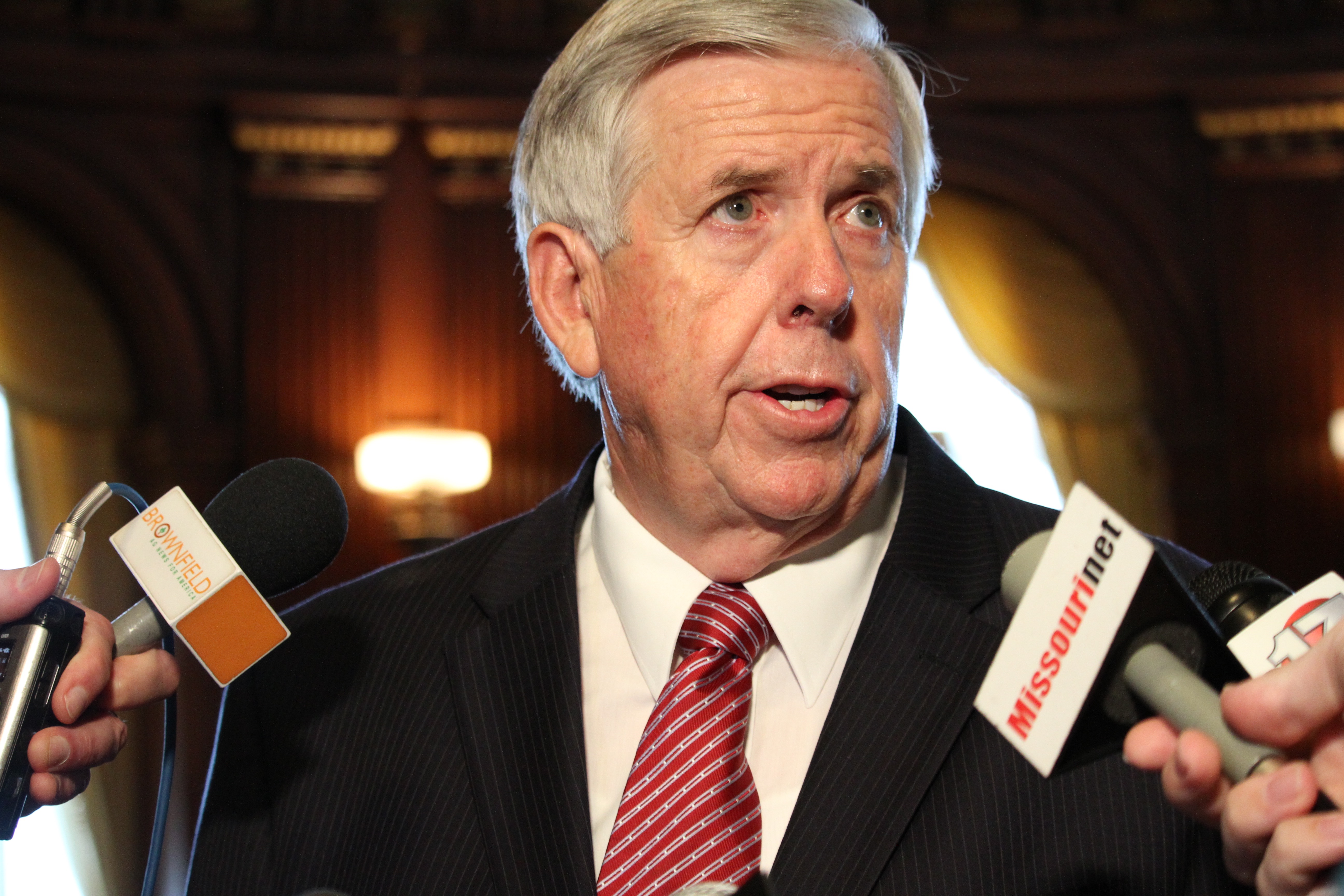 Gov. Mike Parson takes questions from the media before a Cabinet meeting on June 4, 2018. (ALISHA SHURR/THE MISSOURI TIMES).