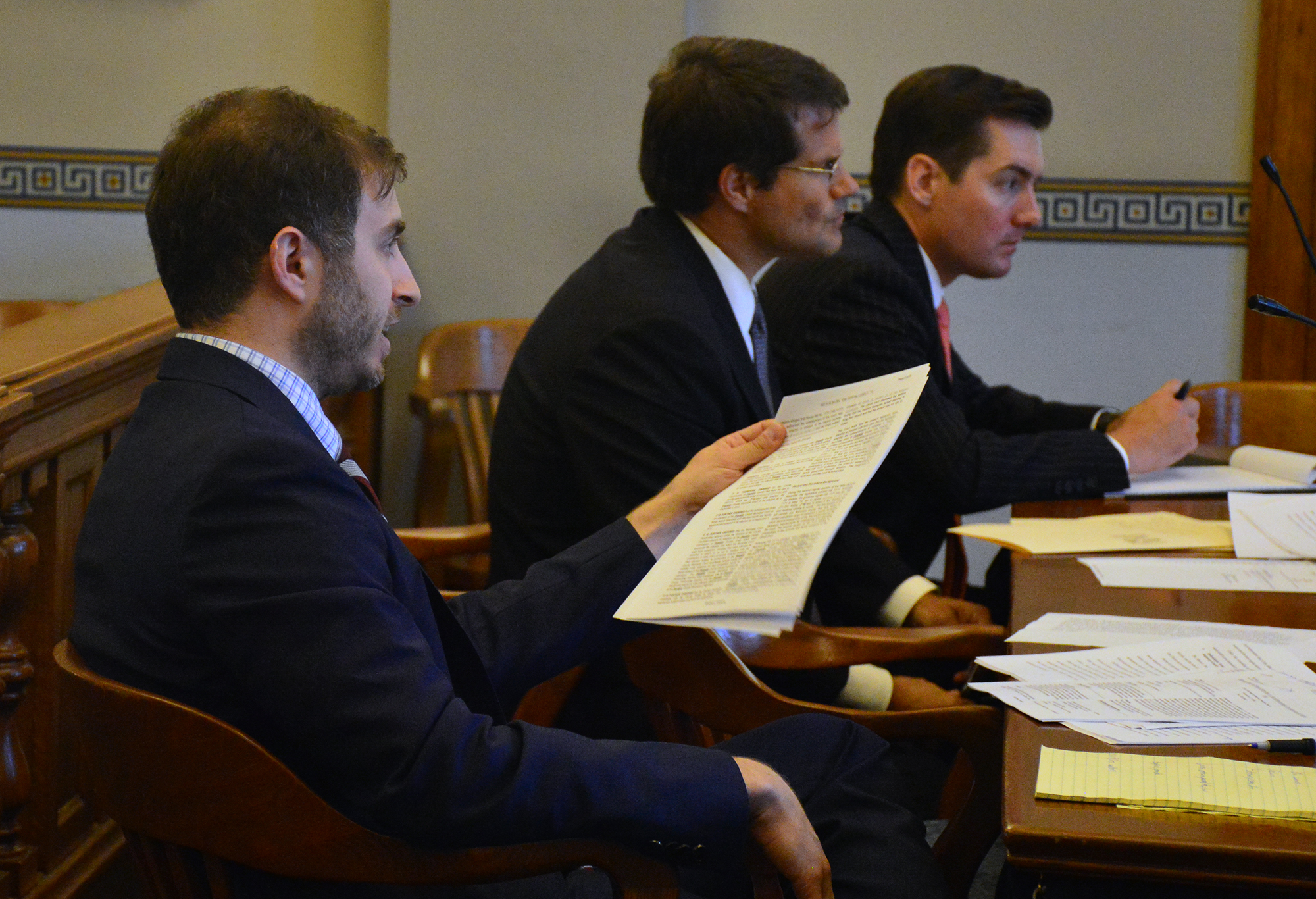 Matt Vianello, foreground, John Sauer and Daniel Hartman debate the case challenging the Governor's authority to appoint someone to fill a vacancy in the lieutenant governor's office Thursday. (Mark Wilson/News Tribune).