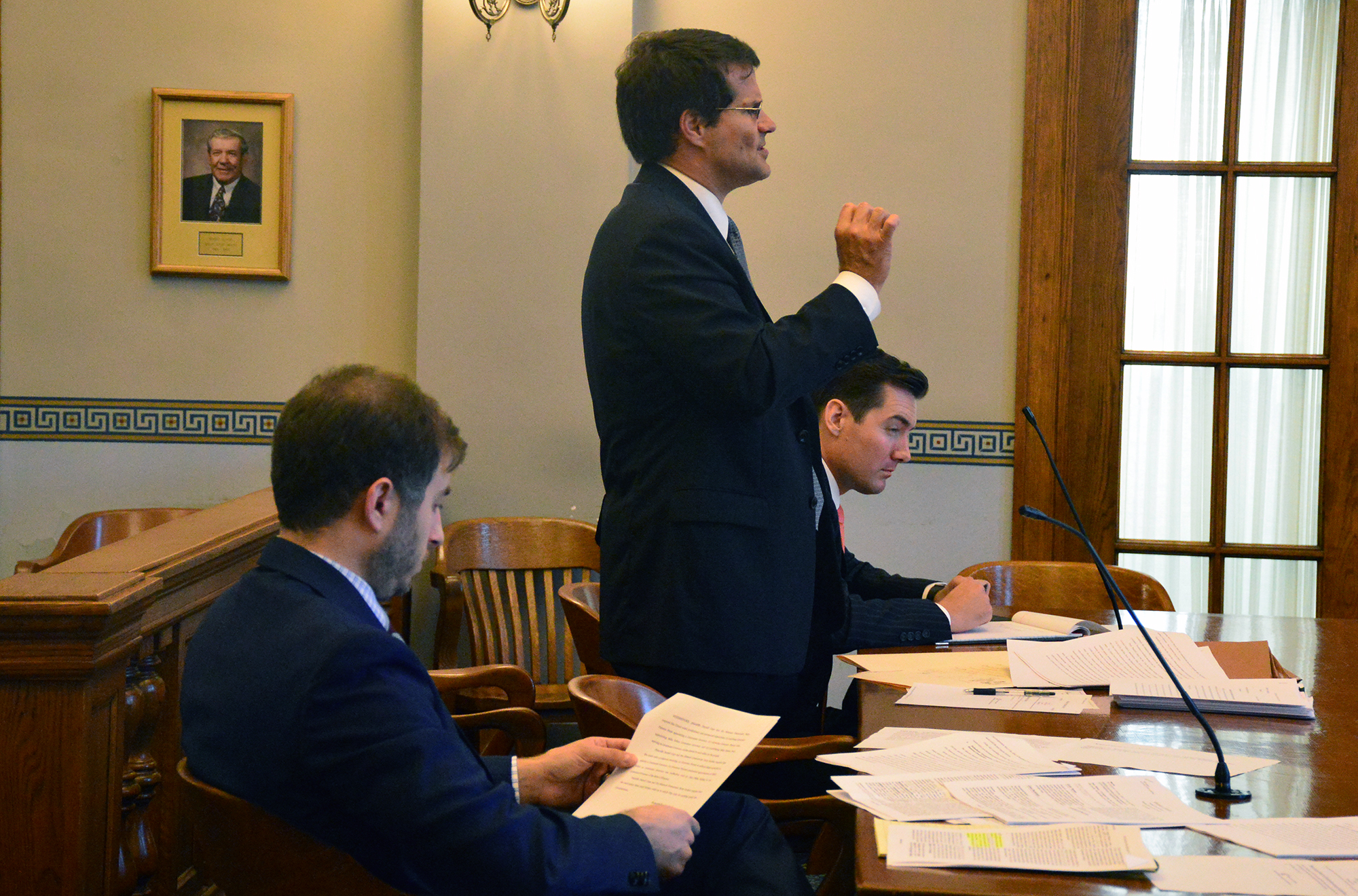 Matt Vianello, foreground, John Sauer and Daniel Hartman debate the case challenging the Governor's authority to appoint someone to fill a vacancy in the lieutenant governor's office Thursday. (Mark Wilson/News Tribune)